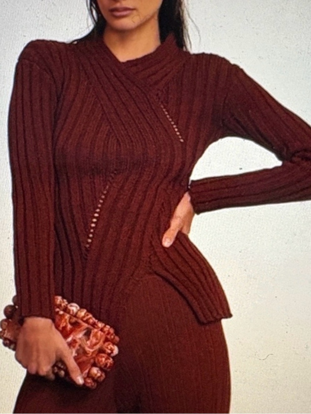 Cult Gaia Noa Ribbed Knit Long-Sleeve Sweater in Deep Brown